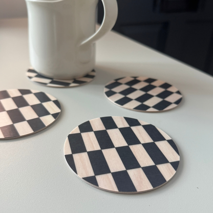 Checked birch wood coaster