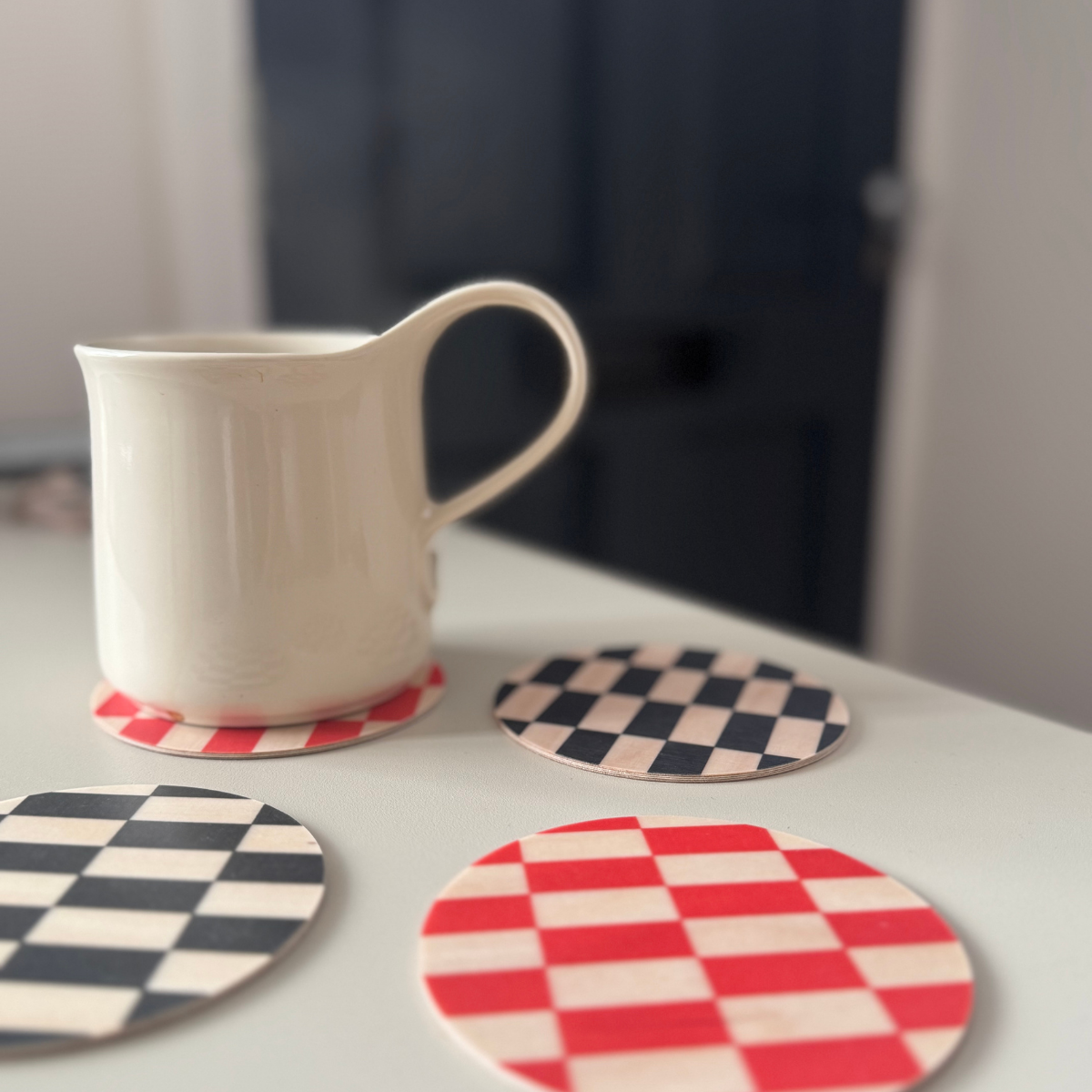 Checked birch wood coaster