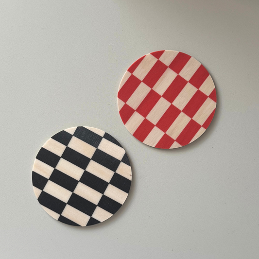 Checked birch wood coaster