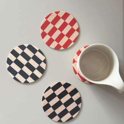 Checked birch wood coaster