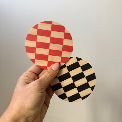 Checked birch wood coaster
